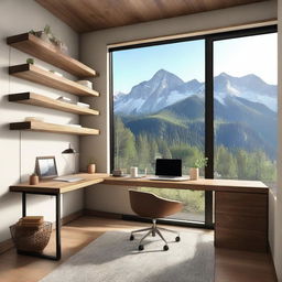 Work Area with a tranquil design, featuring a desk facing the mountains, wooden shelves, an ergonomic chair, and natural light combined with desk lamps for a productive atmosphere