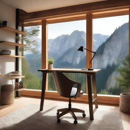 Work Area with a tranquil design, featuring a desk facing the mountains, wooden shelves, an ergonomic chair, and natural light combined with desk lamps for a productive atmosphere