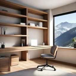 Work Area with a tranquil design, featuring a desk facing the mountains, wooden shelves, an ergonomic chair, and natural light combined with desk lamps for a productive atmosphere