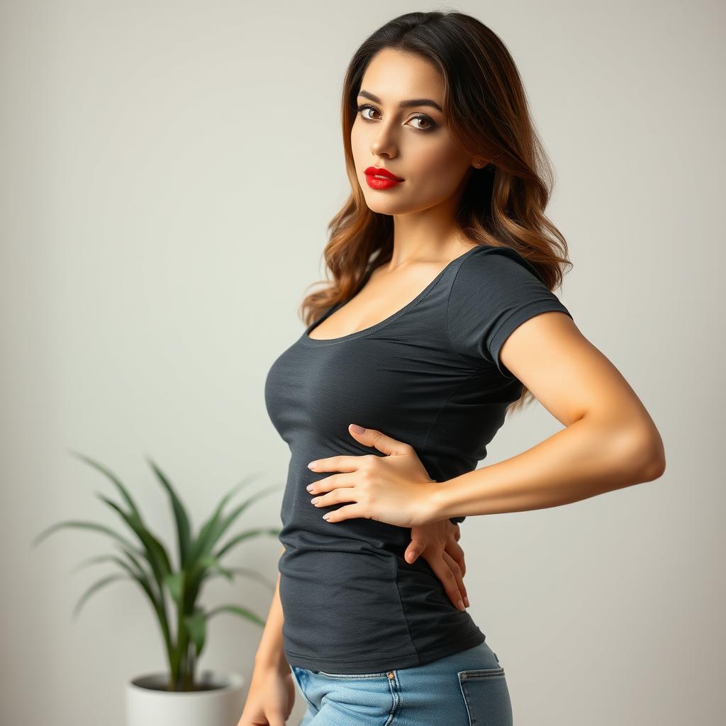 A woman wearing a tight T-shirt, striking an attractive pose