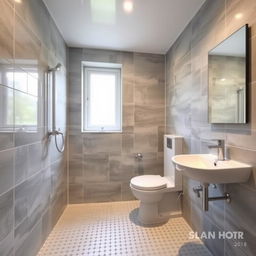 A square shower room with a toilet, window, and sink