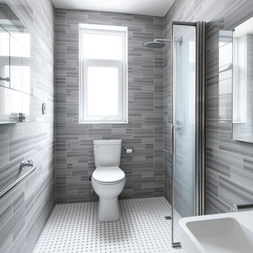 A square shower room with a toilet, window, and sink