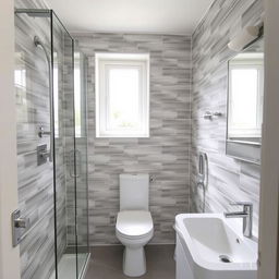 A square shower room with a toilet, window, and sink