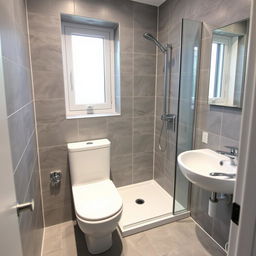 A square shower room with a toilet, window, and sink