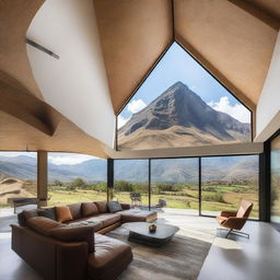 Design a unique house with stunning views of the mountains of Peru, featuring large windows that frame the landscape