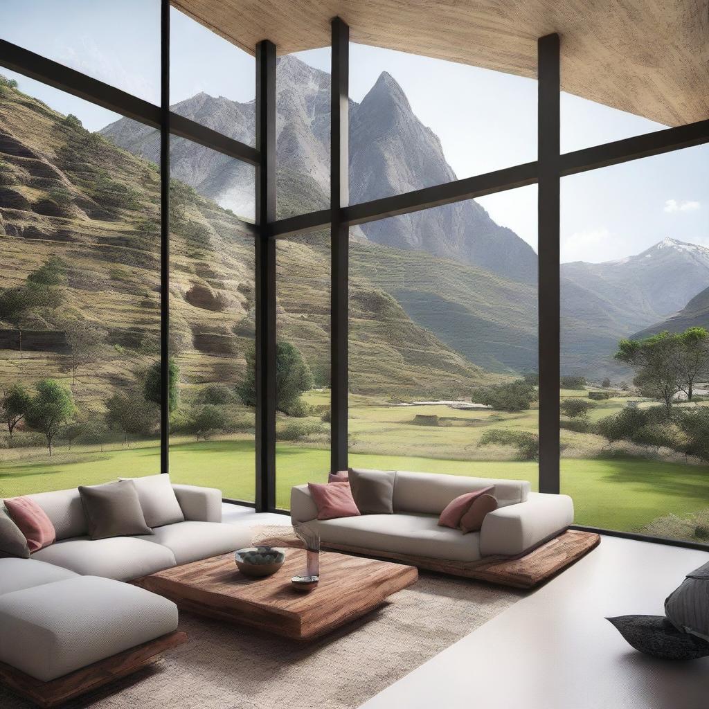 Design a unique house with stunning views of the mountains of Peru, featuring large windows that frame the landscape