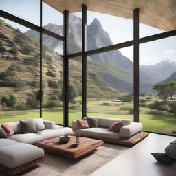 Design a unique house with stunning views of the mountains of Peru, featuring large windows that frame the landscape