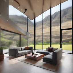 Design a unique house with stunning views of the mountains of Peru, featuring large windows that frame the landscape