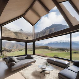 Design a unique house with stunning views of the mountains of Peru, featuring large windows that frame the landscape