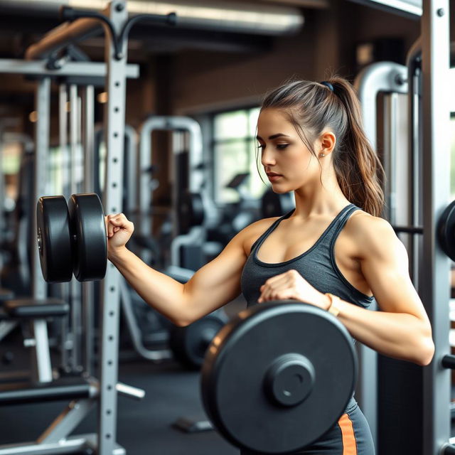 A young woman working out in a gym, lifting weights and doing exercises