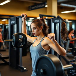 A young woman working out in a gym, lifting weights and doing exercises