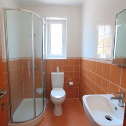 A square shower room with a toilet, window, and sink