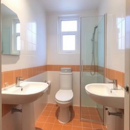 A square shower room with a toilet, window, and sink