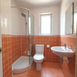 A square shower room with a toilet, window, and sink