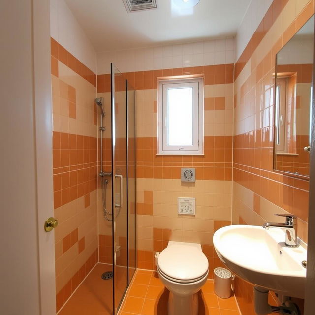 A square shower room with a toilet, window, and sink