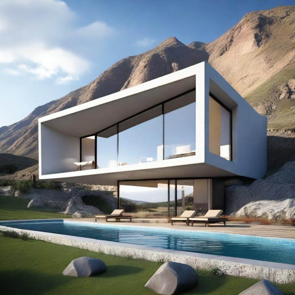 Design a unique house with stunning views of the mountains of Peru, featuring large windows that frame the landscape