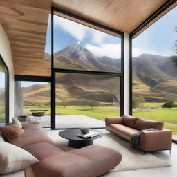 Design a unique house with stunning views of the mountains of Peru, featuring large windows that frame the landscape