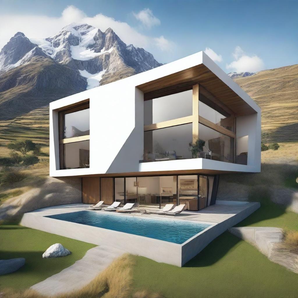 Design a unique house with stunning views of the mountains of Peru, featuring large windows that frame the landscape