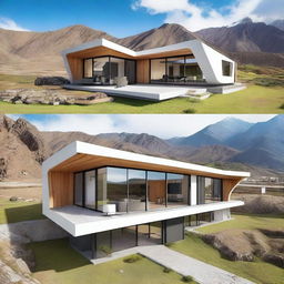 Design a unique house with stunning views of the mountains of Peru, featuring large windows that frame the landscape