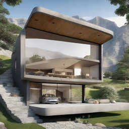 Design a unique house with stunning views of the mountains of Peru, featuring large windows that frame the landscape