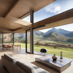 Design a unique house with stunning views of the mountains of Peru, featuring large windows that frame the landscape