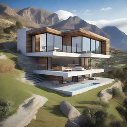 Design a unique house with stunning views of the mountains of Peru, featuring large windows that frame the landscape