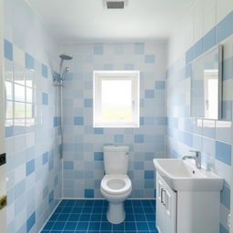 A square shower room with a toilet, window, and sink