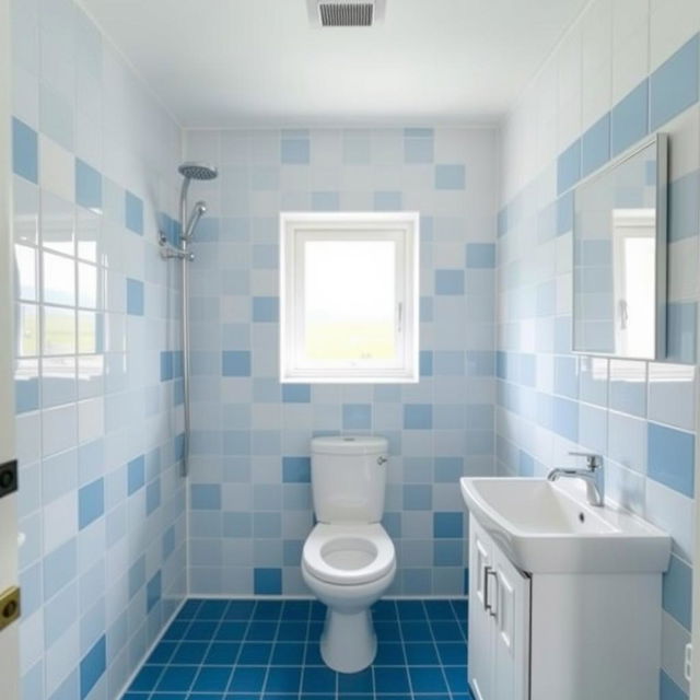 A square shower room with a toilet, window, and sink