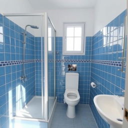 A square shower room with a toilet, window, and sink