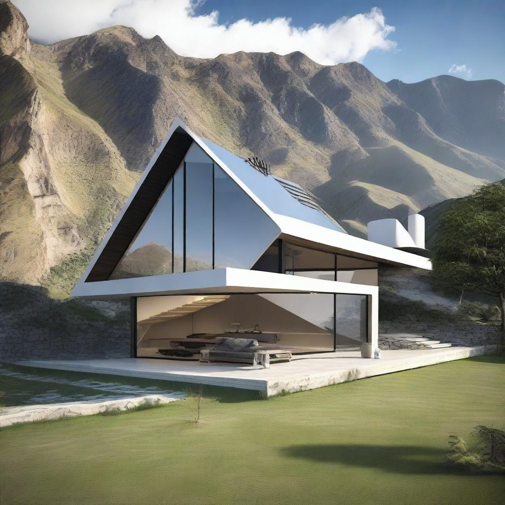 Design a unique house with stunning views of the mountains of Peru, featuring large windows that frame the landscape