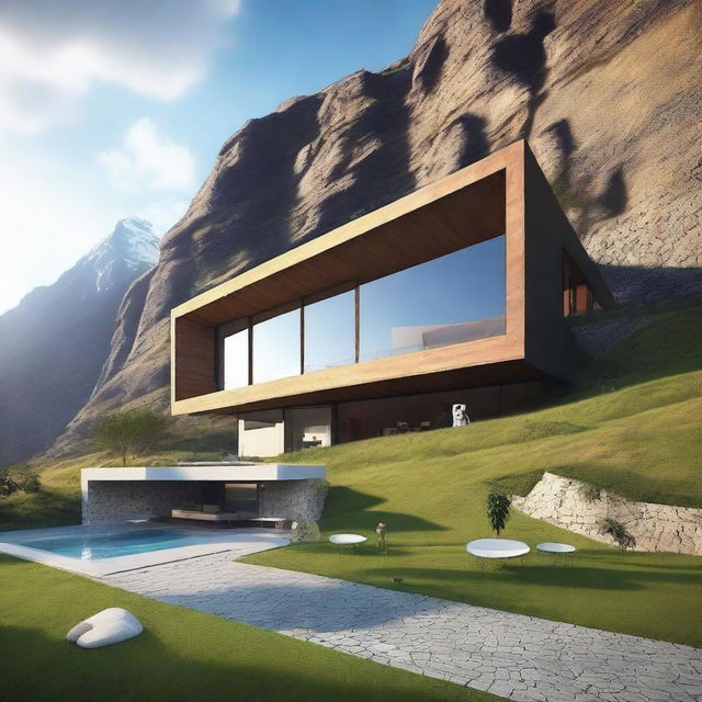 Design a unique house with stunning views of the mountains of Peru, featuring large windows that frame the landscape