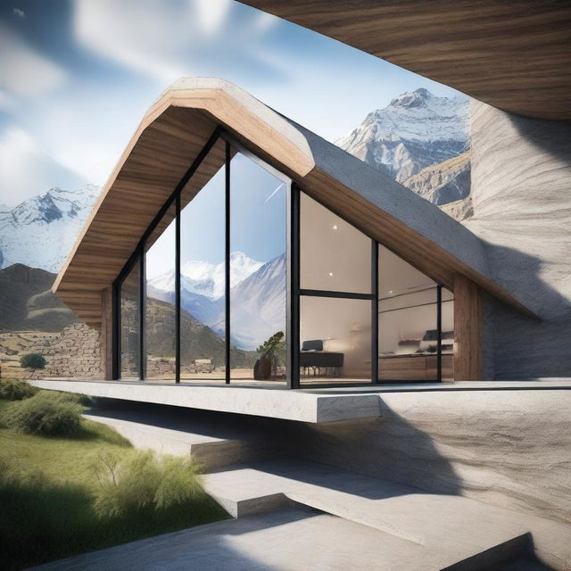 Design a unique house with stunning views of the mountains of Peru, featuring large windows that frame the landscape