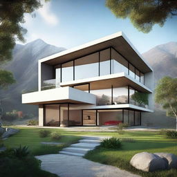 Design a unique house with stunning views of the mountains of Peru, featuring large windows that frame the landscape