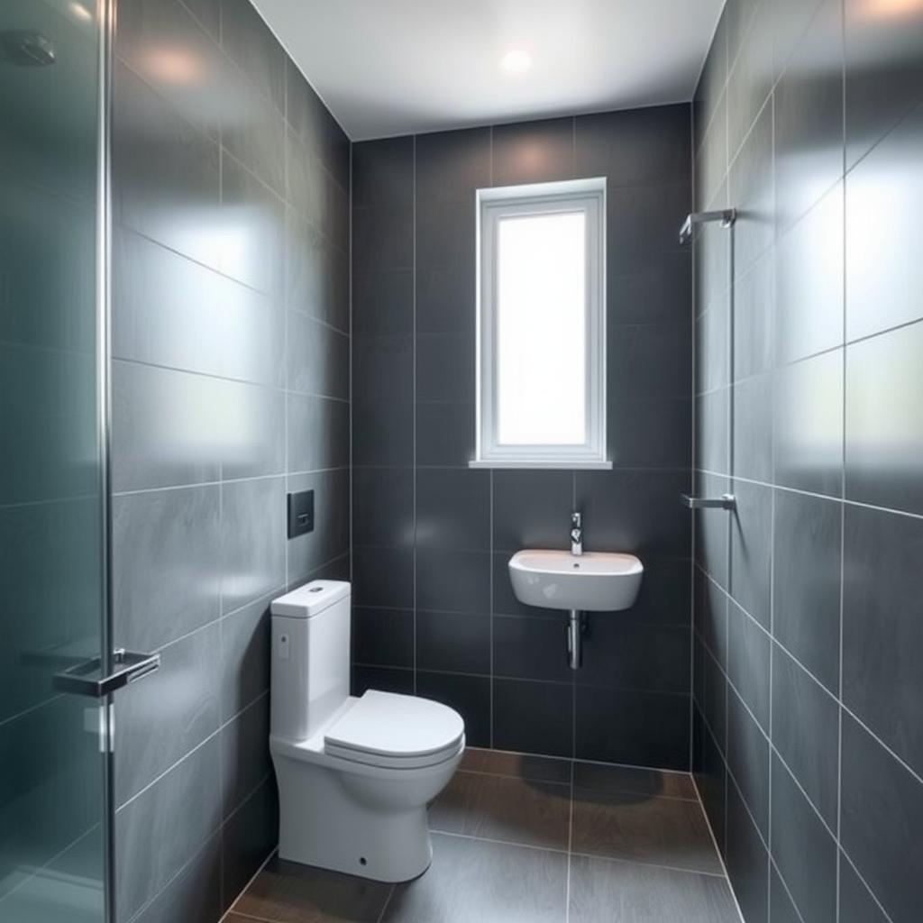 A square shower room with a toilet, window, and sink