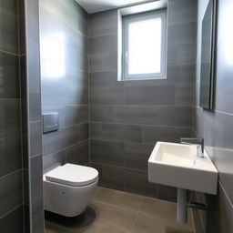 A square shower room with a toilet, window, and sink