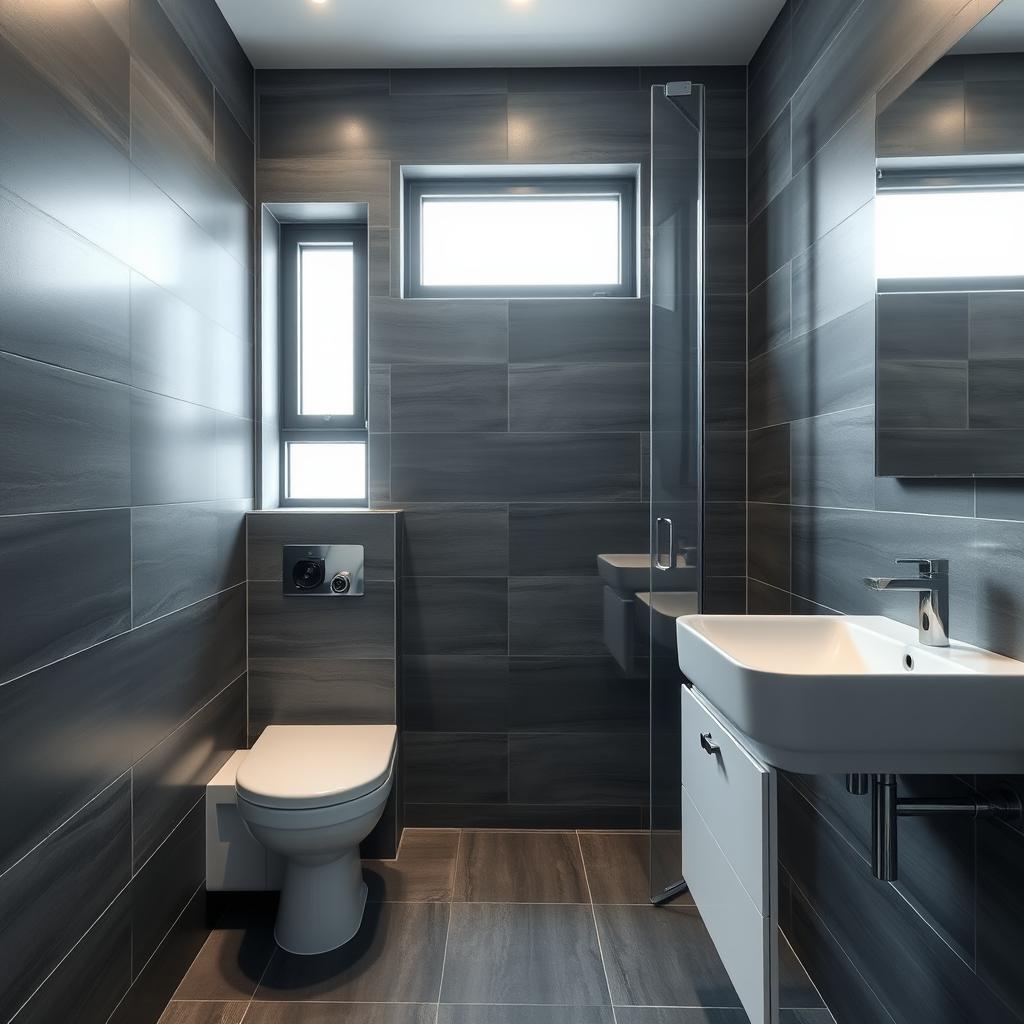 A square shower room with a toilet, window, and sink