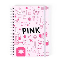 A notebook cover featuring a pink theme with elements of chemistry