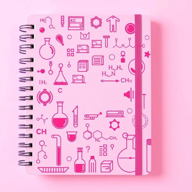 A notebook cover featuring a pink theme with elements of chemistry