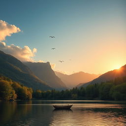 A beautiful landscape featuring a serene lake surrounded by lush green trees and mountains in the background