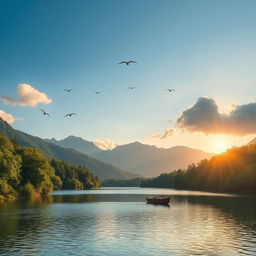 A beautiful landscape featuring a serene lake surrounded by lush green trees and mountains in the background