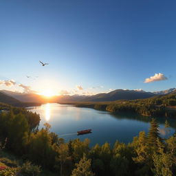 A beautiful landscape featuring a serene lake surrounded by lush green trees and mountains in the background