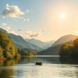 A beautiful landscape featuring a serene lake surrounded by lush green trees and mountains in the background