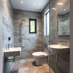 A square shower room with a toilet, window, and sink