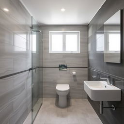 A square shower room with a toilet, window, and sink