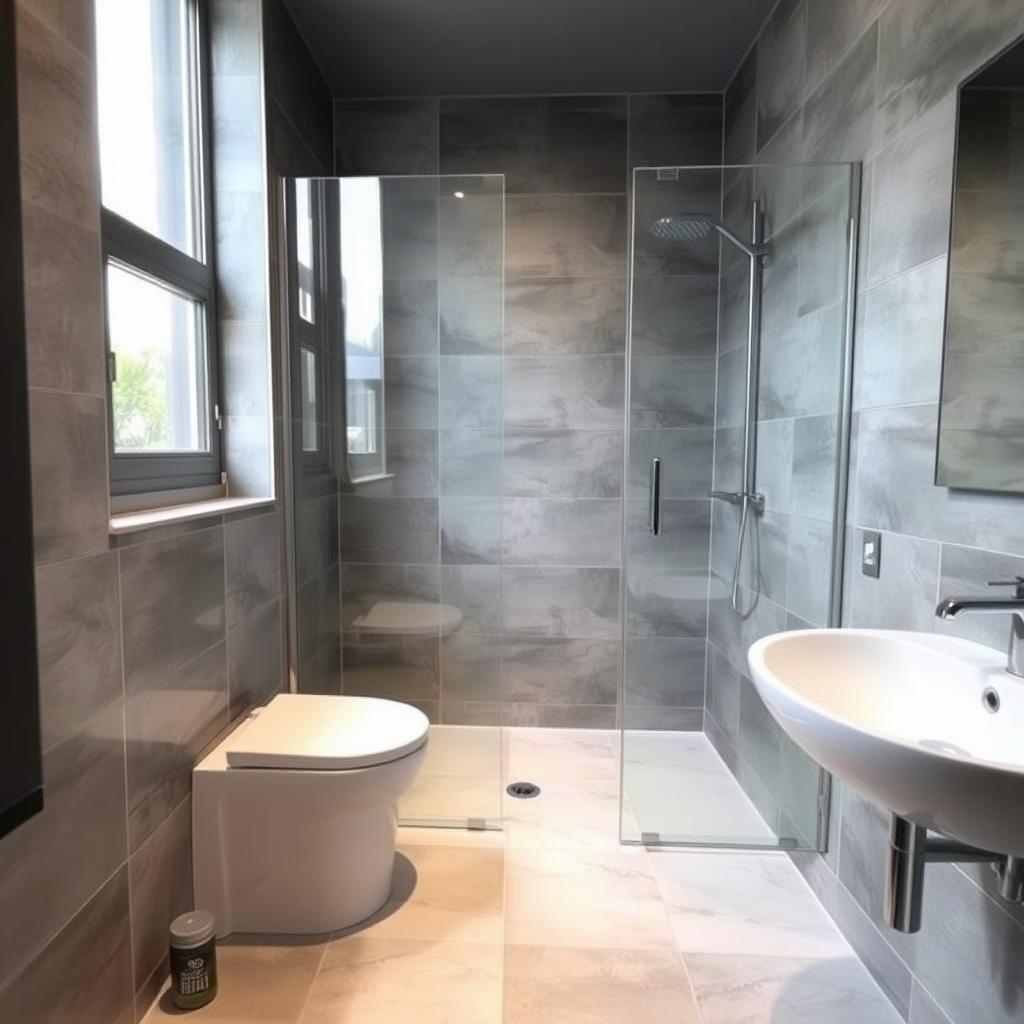 A square shower room with a toilet, window, and sink