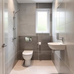 A square shower room with a toilet, window, and sink