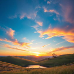 Create a beautiful landscape with rolling hills, a clear blue sky, and a vibrant sunset