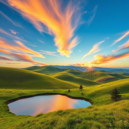 Create a beautiful landscape with rolling hills, a clear blue sky, and a vibrant sunset