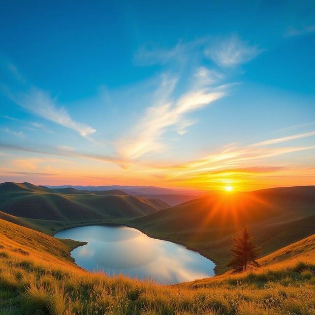 Create a beautiful landscape with rolling hills, a clear blue sky, and a vibrant sunset