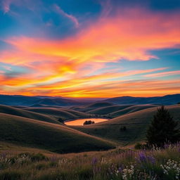 Create a beautiful landscape with rolling hills, a clear blue sky, and a vibrant sunset